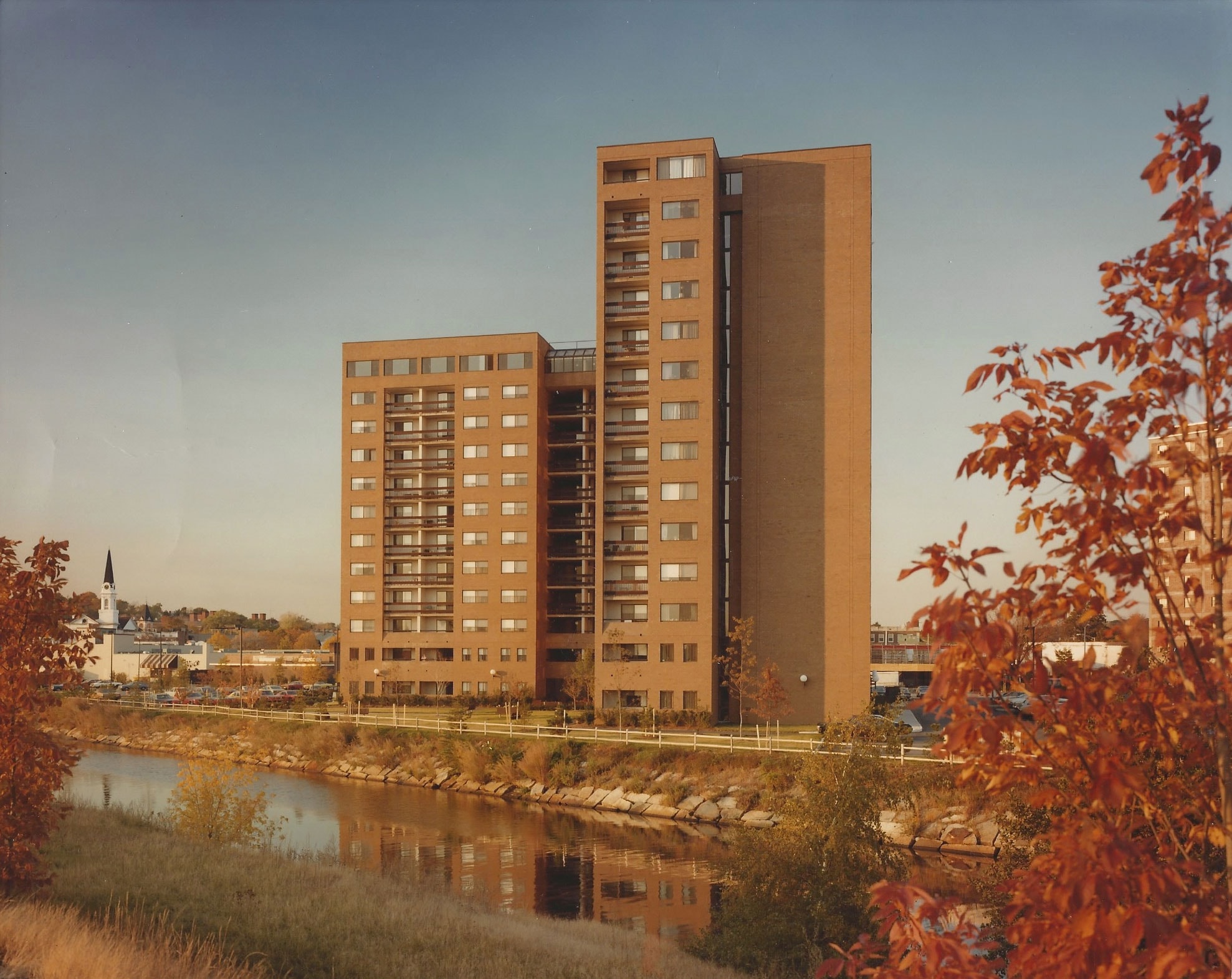 Riverside Towers apartment buildings by waterway